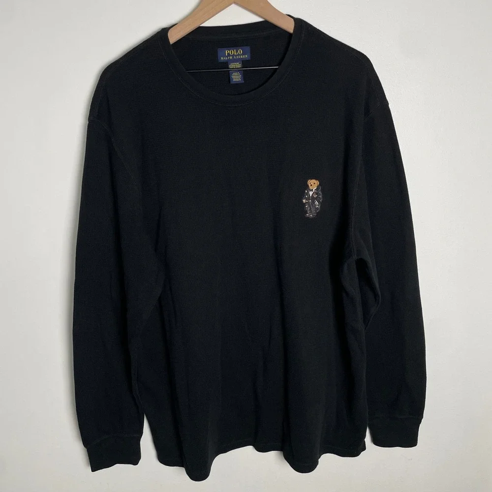 Polo Ralph Lauren Sleepwear Shirt Mens 2XL Black Waffle Knit Tuxedo Polo Bear